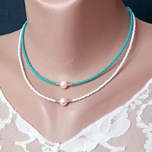 tiny necklaces beaded with pearl, seed bead chokers white or turquoise