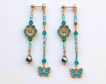 front - back long earrings, ear jacket earrings, flowers earrings with butterflies, unique and fun earrings