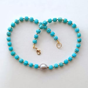 turquoise and pearl necklace, cubes turquoise necklace, Turquoise handmade jewelry