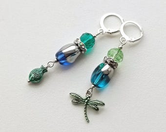 mismatched earrings with fish and dragonfly, crystals earrings in style mix and match, gift for her