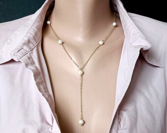 gold plated necklace chain with pearls and pendant with pearls, multilayer, engagement, wedding, for her, for mom
