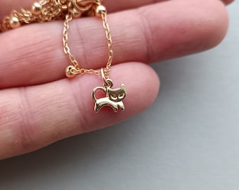cute small kitten pendant, 14k gold chain necklace