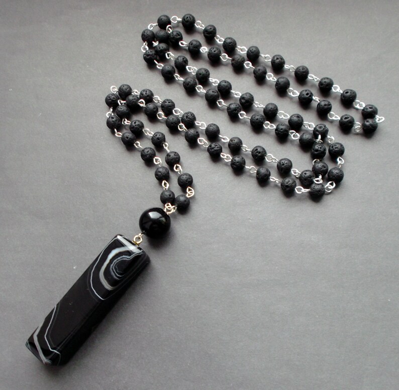necklace from lava with a pendant agate man/'s pendant gift for Men For Father For guys Black Long stone necklace for men for women agate