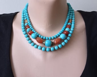 necklace three rows turquoise and carnelian, statement necklace bright colorful chunky necklace handmade jewelry for her for mom