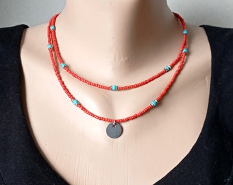 double strand beaded necklace with pendant, thin necklace layering, Boho Jewelry handmade, for women, gift for her, jewelry of the day