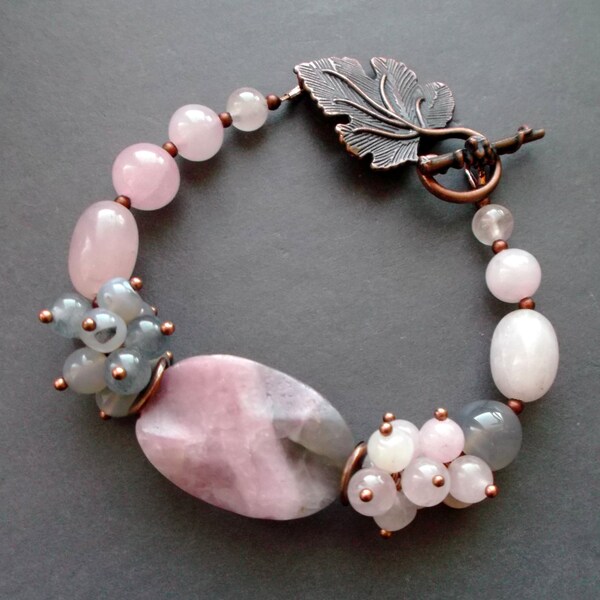 Bracelet TOURMALINE Pink Quartz Agate. bracelet stones Gemstones. Chunky bracelet. Charm bracelet. Natural stones. copper details.