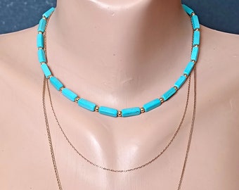turquoise choker, beaded necklace gold