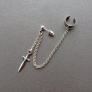 Ear cuff with dagger and chain, silver stud earring with cuff wrap, unisex jewelry, modern earring for her for him