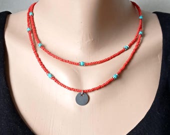 Collar de cuentas de doble hebra con colgante, joyería bohemia, collar de 2 capas hecho a mano, para mujer, regalo para ella, joyería del día