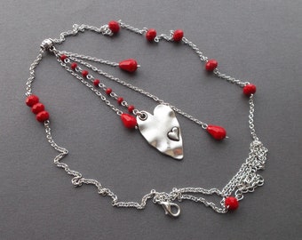 long necklace silver heart and Bohemian crystals