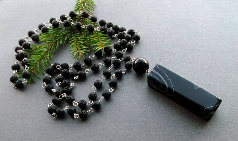 necklace from lava with a pendant agate man/'s pendant gift for Men For Father For guys Black Long stone necklace for men for women agate