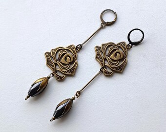 earrings flower rose black bud hematite, asymmetrical mismatched earrings, different dangle handmade earrings for women for her for mom