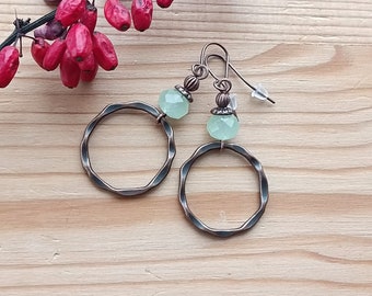 copper Bohemian earrings with sage green crystal