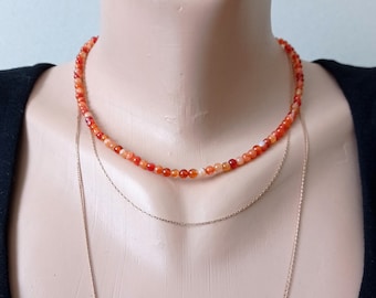 Delicate beaded necklace Carnelian 4 mm orange red carnelian thin choker necklace small necklace dainty minimalist jewelry August birthstone