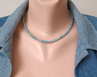 aquamarine and gold 14K necklace blue beaded aquamarine small choker necklace dainty jewelry gemstone choker March birthstone, gift for her