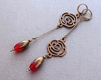 earrings flower rose red bud carnelian, asymmetrical mismatched earrings, different dangle handmade earrings for women for her for mom