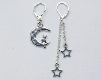 stars and moon cat mismatched earrings, different silver earrings dangle, unusual earrings for cat fans, pet