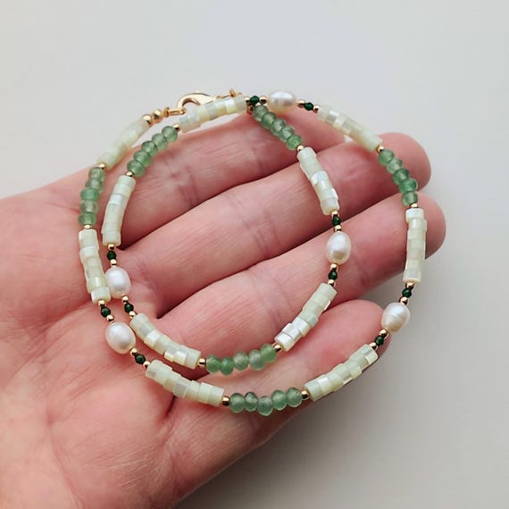 Collier Multirang Nacre Teintée Verte Et Aventurine - Longueur 47 Cm - Occasion