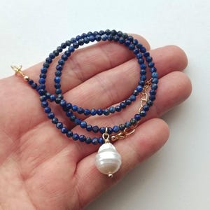 Lapis Lazuli beaded necklace with pearl pendant, perfect for her