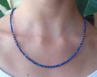 blue Lapis Lazuli very thin 2.5 mm choker, tiny beaded necklace simple dainty layered minimalist style handmade jewelry gift for her for mom