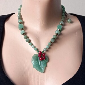green aventurine necklace with pendant leaf with ripe berries, Autumn green unique necklace handmade