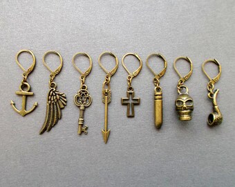 Mens earrings Anchor/wing/Key/Arrow/Cross/bullet/Skull/Smoking pipe Mens dangle earring Gift for Men For guys Boyfriend gift Father Day