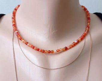 Delicate beaded necklace Carnelian 4 mm orange red carnelian thin choker necklace small necklace dainty minimalist jewelry August birthstone