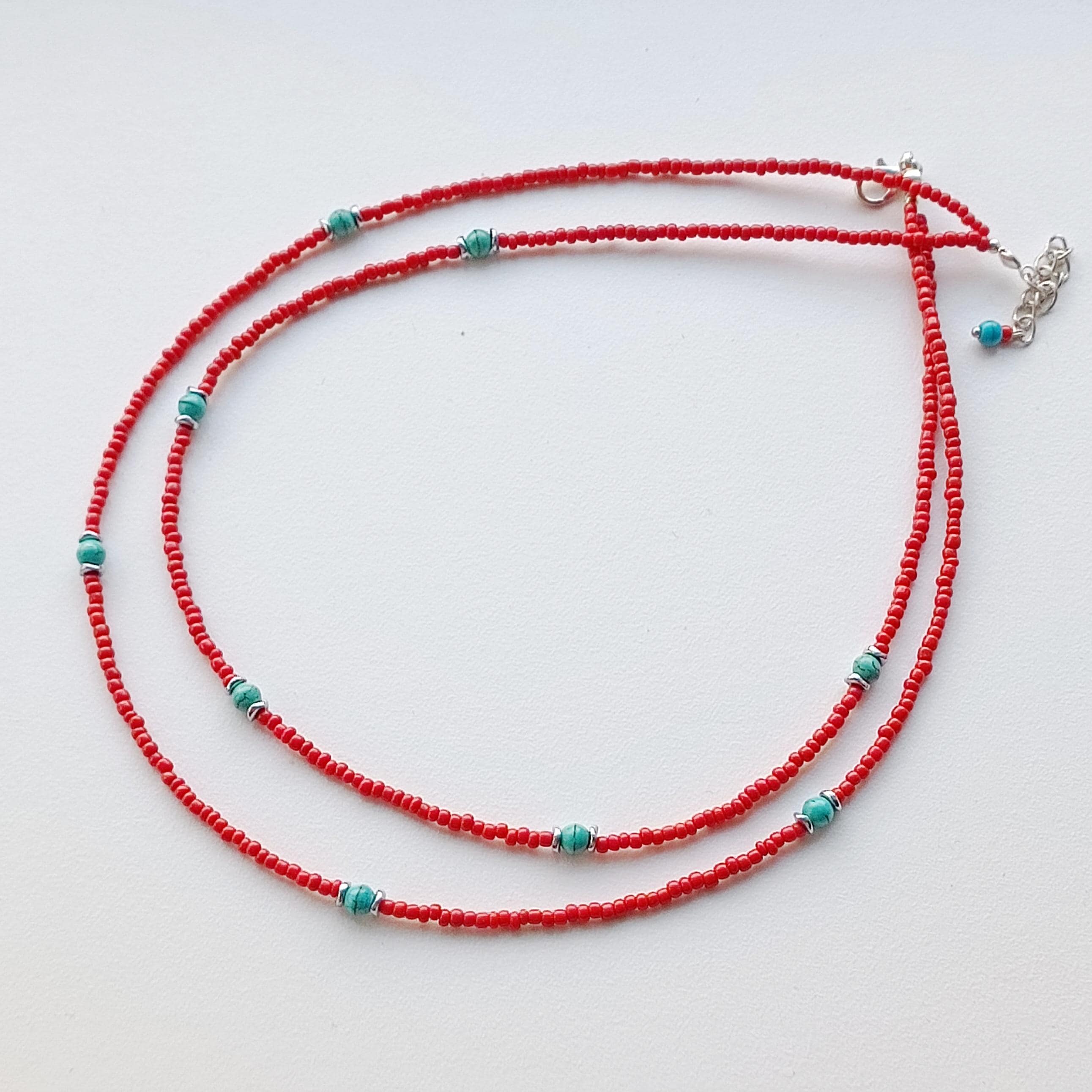Double Strand Seed Bead Necklace Coral Color With Turquoise - Etsy