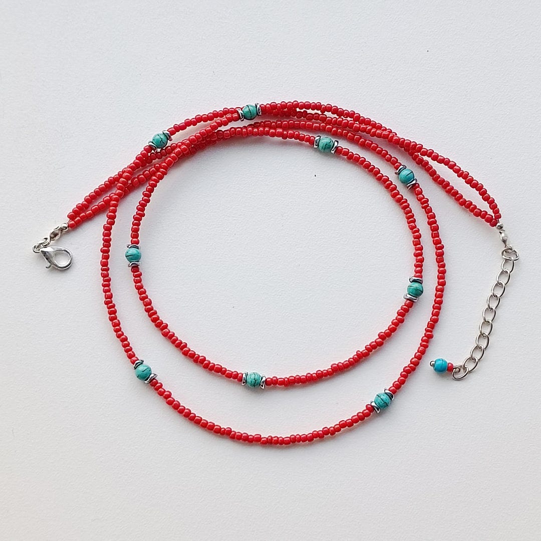 Double Strand Seed Bead Necklace Coral Color With Turquoise - Etsy