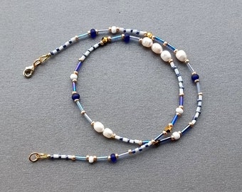 mixed beaded with pearl necklace in shades of blue white