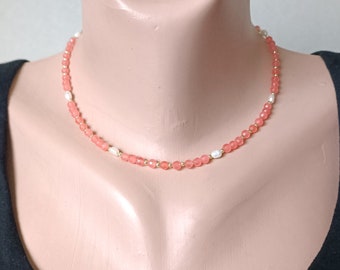 16th birthday necklace, cherry quartz pearl delicate 4 mm choker necklace dainty pink feminine everyday necklace minimalist jewelry for her
