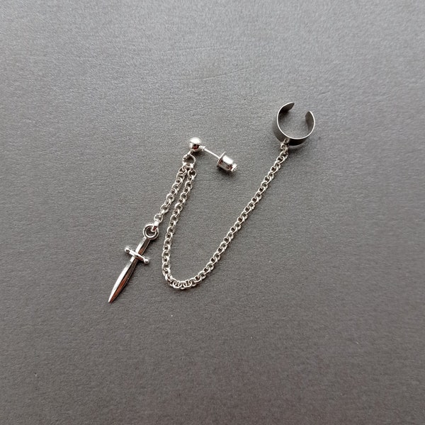 Ear cuff with dagger and chain, silver stud earring with cuff wrap, unisex jewelry, modern earring for her for him
