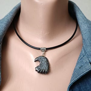black eagle pendant necklace, eagle head of hematite on a leather cord