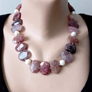 strawberry quartz and freshwater pearls, statement necklace