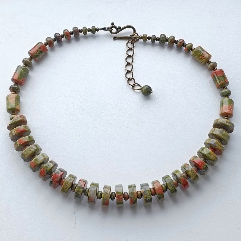 Collier Fait Main En Argent 925 Et Pierre Unakite Jasper - Longueur 19 Pouces (48 Cm)