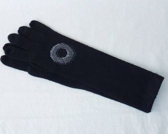 GUANTES largos DE CASHMERE NEGRO Swarovski pedrería redonda celeste, regalo mujer, guantes de cachemira y pedrería, regalo estilo moderno francés, guantes discoteca