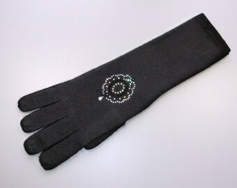 Lange SCHWARZE KASCHMIR-HANDSCHUHE Pompadour Swarovski-Strasssteine, HERITAGECONCEPTPARIS-Handschuhe, ausgefallene Winterhandschuhe, Weihnachtsgeschenk, Frauengeschenk