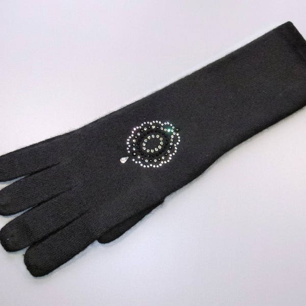 GANTS longs CACHEMIRE NOIR Pompadour strass Swarovski,gants hERITAGECONCEPTPARIS,gants d'hiver fantaisie,cadeau de noël,cadeau femme