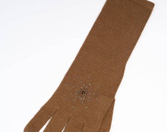 GANTS longs CACHEMIRE Camel Constellation strass Swarovski Cadeau Noel Femme Accessoire Luxe Créateur Français Tricot Matière naturelle