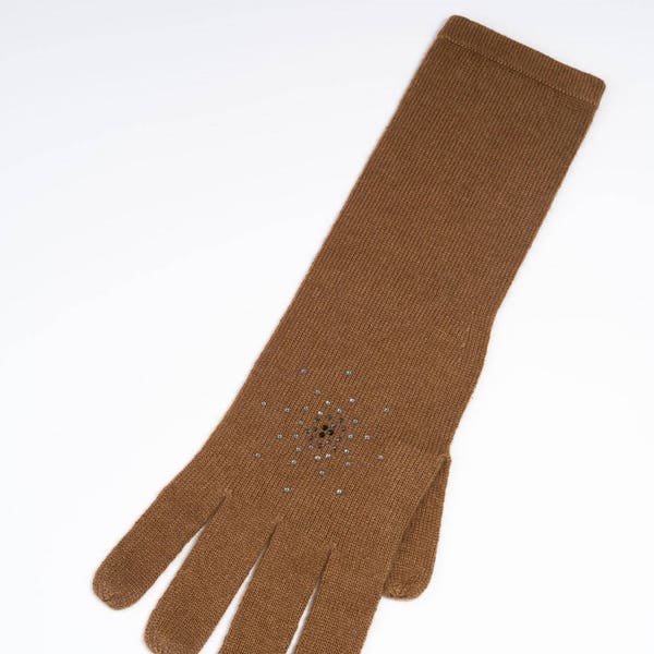 GANTS longs CACHEMIRE Camel Constellation strass Swarovski Cadeau Noel Femme Accessoire Luxe Créateur Français Tricot Matière naturelle