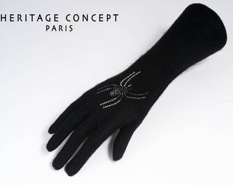 Long CASHMERE GLOVES Big spider Swarovski rhinestones black glove women's cashmere glove and rhinestones spider gloves Mother's Day gift