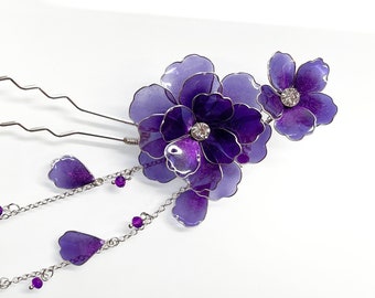 Resin Japanische Kanzashi Lila Blumen Haarstab Silber Akzente Pin Haarschmuck Hochzeit Draht gewickelt Swarovski Kristalle Unikat Geschenk für Sie