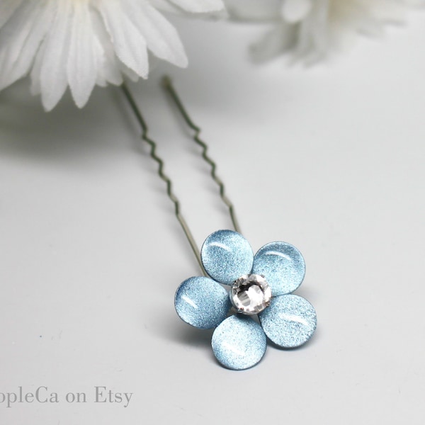 Handmade Blue Hair Pin Something from Bride Wars, Bridal pale blue flower with clear crystal, price is for one pin.