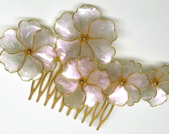 Hair comb Pink Pearl Iridescent  Flowers Handmade Gold accents Semi Transparent Pin Resin Wedding Accessories OOAK Wire wrapped