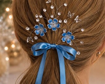 Blue Flower Bridal Hair Pins Set of 3, Something Blue Wedding Hair Pins, Crystal Butterfly Hair Pins, Bridal Hair Accessories