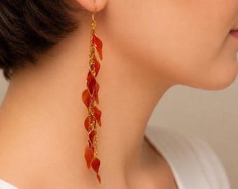 Handmade Red Resin Leaf Earrings, Botanical Statement, Lightweight Long Gold Dangle, Nature Inspired Jewelry, Artisan Gift Gift for Women