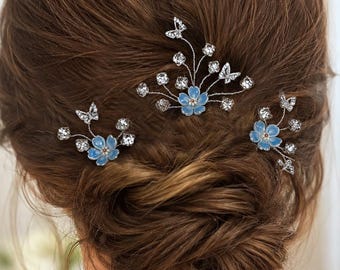 Set of 3 Blue Flower Bridal Hair Pin Forget Me Not, Crystal Butterfly Wedding Accessories Something blue