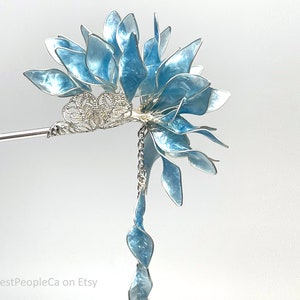 Hairpin Stick Dangle Long Resin Japanese Tsumami Kanzashi Bun Holder Blue Leaves Silver Accents image 2