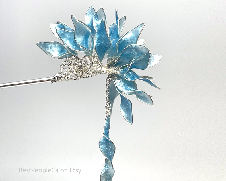 Hairpin Stick Dangle Long Resin Japanese Tsumami Kanzashi Bun Holder Blue Leaves Silver Accents image 2