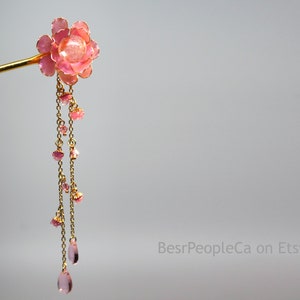 Résine japonaise Tsumami Kanzashi Rose Fleur Cheveux Bâton Or Épingle à cheveux Coiffure Mariage Fil Enveloppé Swarovski Cristaux Cadeau unique pour elle image 2